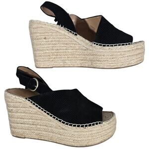 Marc‎ Fisher Mlandela Wedge Sandal Perforated Black Leather Espadrille Women 10